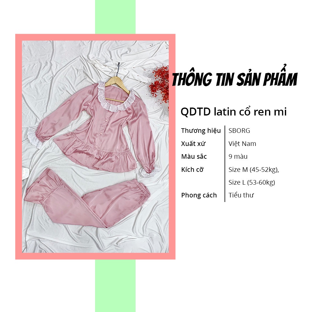 Đồ bộ mặc nhà SBORG bộ pijama lụa latin tay dài viền ren tiểu thư dễ thương quần dài có túi bigsize 45-60kg quà tặng vợ