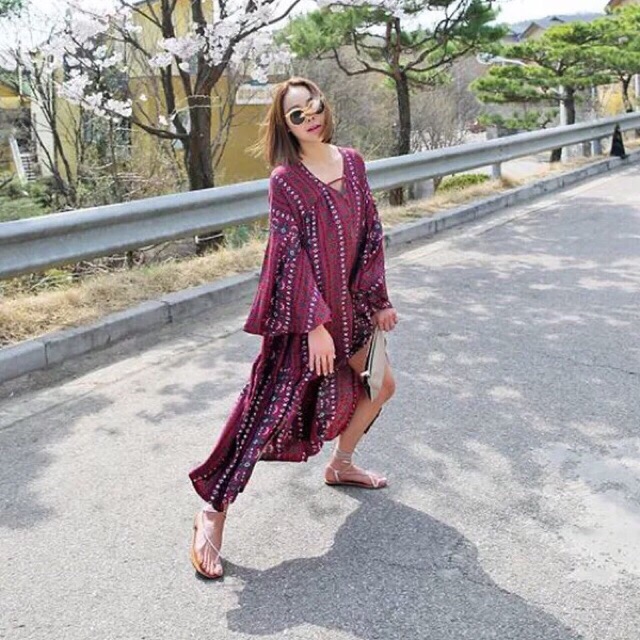 [ẢNH THẬT] Váy boho tặng kèm belt hoạ tiết thổ cẩm xẻ tà chất mát | BigBuy360 - bigbuy360.vn