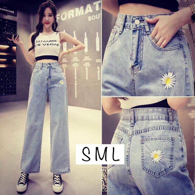 Quần jean ống rộng Culottes dạng ống suông rộng lưng cao mẫu thêu hoa cúc trước sau xịn