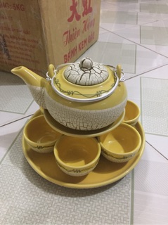Bộ ấm chén men rạn khay tròn Bát Tràng