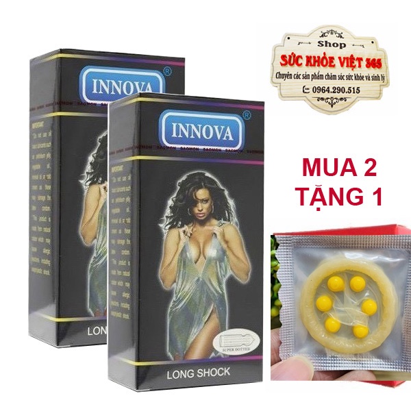 Combo 2 hộp bao cao su Innova Đen, Long Shock chống xuất sớm kéo dài thời gian có gân gai nổi, size 52 mm (hộp 12 x 2)