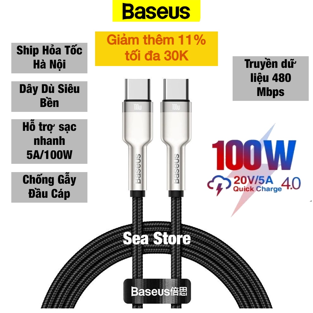 Cáp Type C to Type C - Sạc nhanh PD 2.0 - 100W - QC 3.0 - Dài 2m - Siêu Bền - Bảo hành chính hãng Baseus 12 tháng