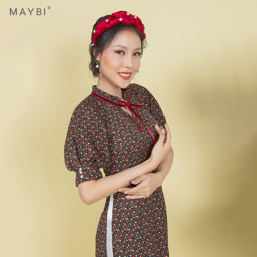 Áo dài Maybi hoạ tiết nền đen phối nơ cổ