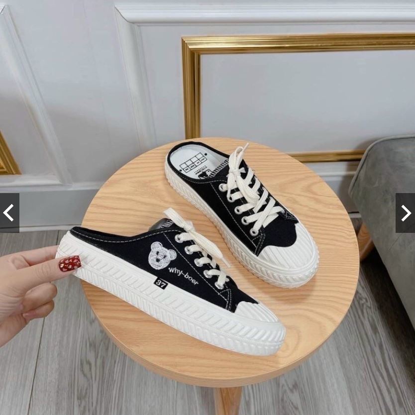 Giày Sục Nữ In Hình Gấu Cute Chất Vải Canvas Phong Cách Hàn Quốc