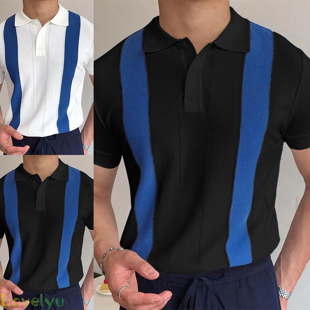 &lt;READY STOCK&gt;Summer Fashion Men Lapel Collar Top slim Shirt Casual Style Short Sleeve T-shirt White Striped Short Sleeves100% brand new！