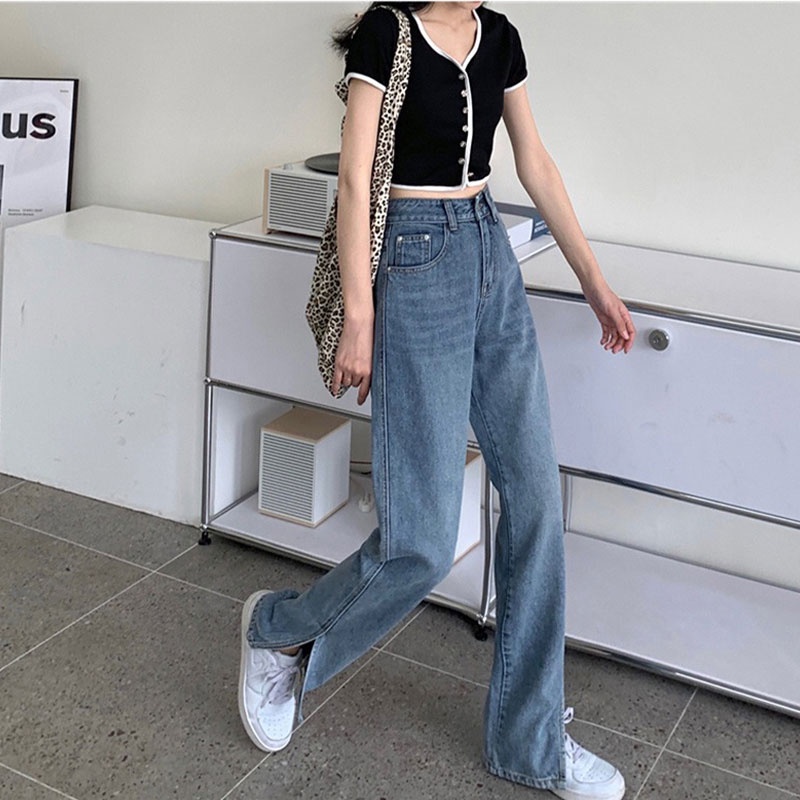 Quần jeans dài lưng cao ống rộng thời trang cho nữ