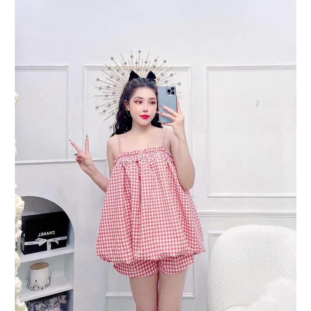 ( MIỄN PHÍ SHIP 2022) Set bộ ngủ nữ áo hai dây, set bộ bí caro nữ ngắn mặc ở nhà, đi chơi dễ thương