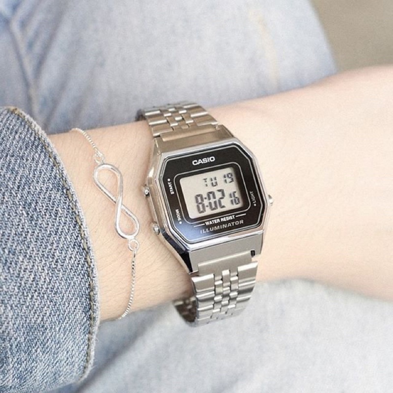 Đồng hồ Nữ Casio LA680WA-1D, đồng hồ chính hãng, bạc mặt đen màn hình trắng