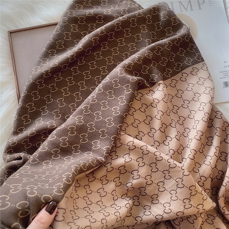 Khăn Choàng Vải Lanh Cao Cấp,Họa Tiết Chữ Cái Màu Nâu, Bản To 180*90,Khăn Lụa Mỏng - KQC7