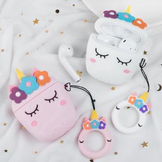 Vỏ bọc hộp sạc tai nghe Bluetooth không dây bằng silicon họa tiết kỳ lân dễ thương có vòng đeo cho Apple Airpods 1 2