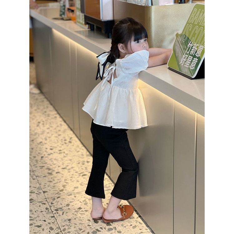 [Hàng Có Sẵn Ngay Lập Phương Set Áo Sơ Mi Cotton Trơn Dáng Rộng + Quần Ống Loe Thời Trang Mùa Hè Phong Cách Hàn Quốc Cho Bé Gái