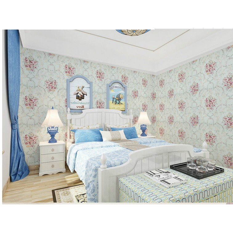 Cuộn 10m giấy dán tường hoa chùm hồng cổ điển xanh khổ rộng 45cm