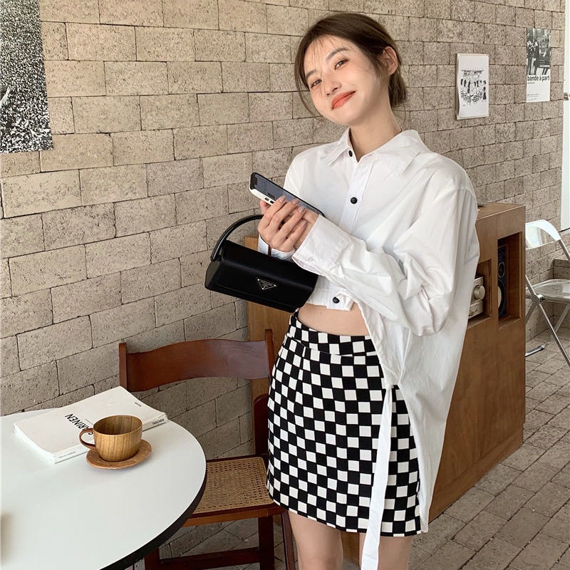 IELGY Áo Sơ Mi Dây Rút Rộng Đa Năng Phiên Bản Hàn Quốc Và Váy Kẻ Caro