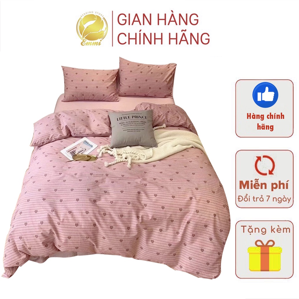 Bộ chăn ga poly cotton Emmidecor cao cấp - mẫu tim hồng nhỏ giá tốt