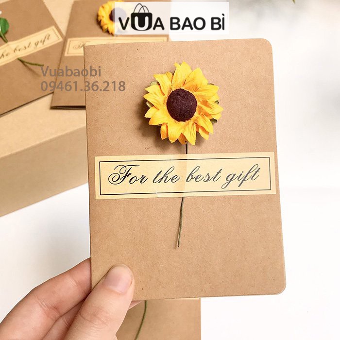 [Mã LIFE20KALL giảm 10% đơn 50K] Thiệp giấy kraft Vintage cài hoa hướng dương/ hoa rum, thiệp sinh nhật, chúc mừng