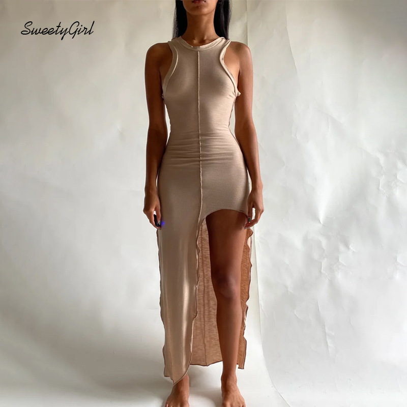 Đầm ôm sát nách cổ tròn màu trơn thiết kế độc đáo cá tính