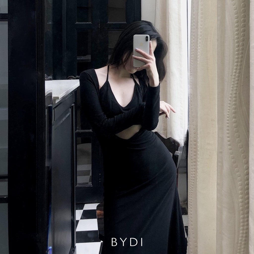 Đầm Body Trễ Vai Tay Dài TIBU, Set Váy Nữ Tôn Dáng Gợi Cảm Phối Cổ Yếm Lạ Mắt