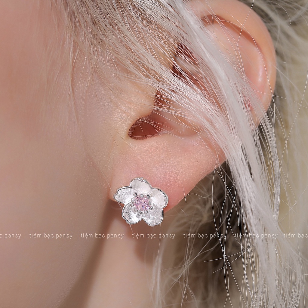 Bông tai bạc nữ hoa anh đào Sakura, khuyên tai bạc 925 PANSY phong cách Nhật Bản