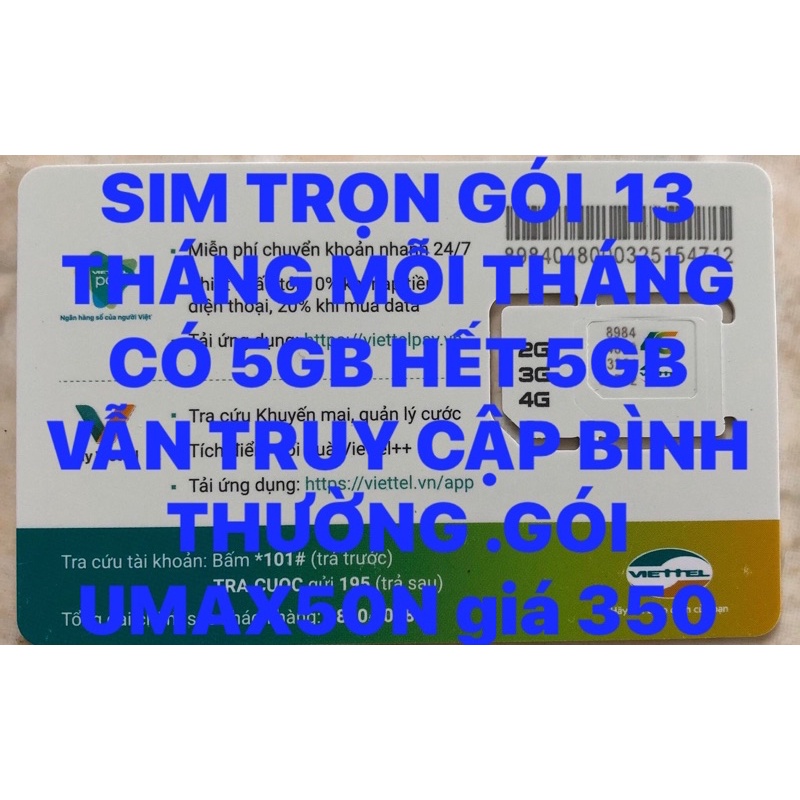 SIM 4G VIETTEL 5GB/12THÁNG GÓI UMAX50N