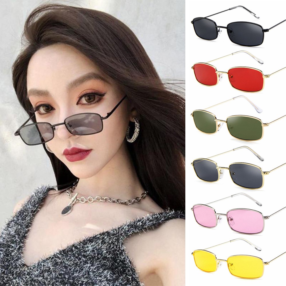 Kính Mát Hình Chữ Nhật Gọng Kim Loại Màu Kẹo Chống Tia UV400 Phong Cách Steampunk Cổ Điển Thời Trang