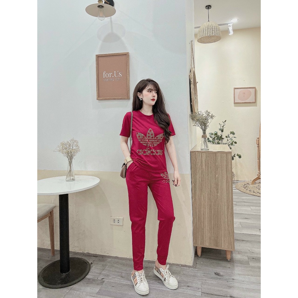 Đồ bộ dài thun cotton đính đá ba lá