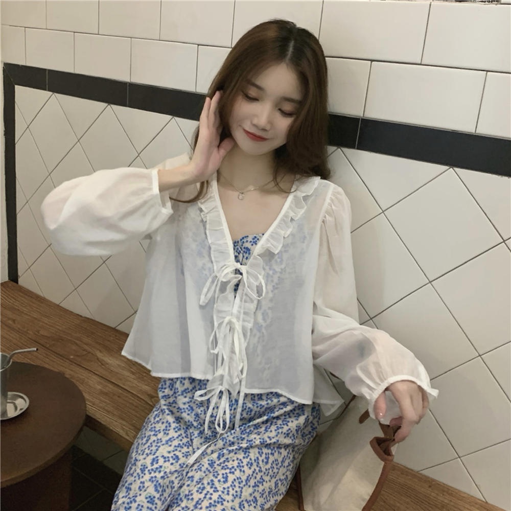 Áo Sơ Mi Tay Dài Cổ Lá Sen Cột Dây Màu Đen Thời Trang 50805