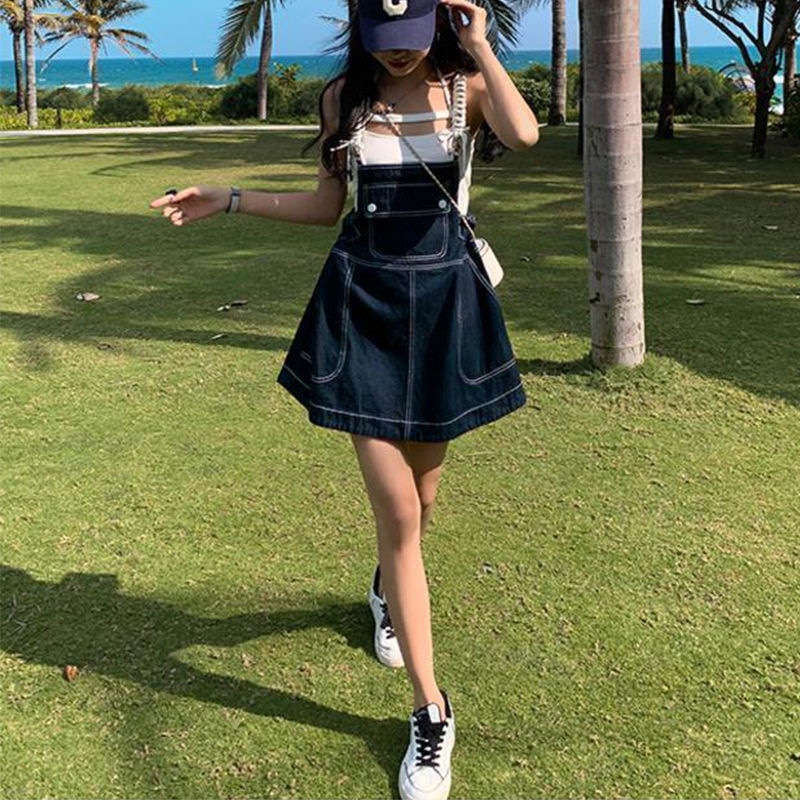 Đầm Denim Dáng Chữ A Lưng Cao Phong Cách Phương Tây Thời Trang Mùa Hè Cho Nữ