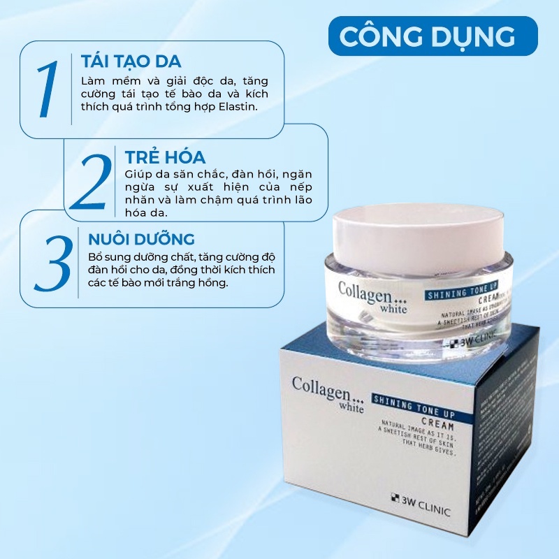 Kem Trắng Da - Kem Dưỡng Trắng Da Bật Tông White Shining Tone Up Cream 3w Clinic Hàn Quốc 50ml
