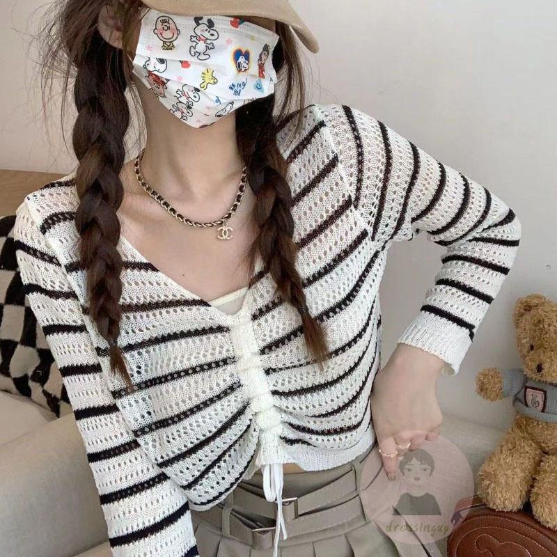 Áo Dệt Kim Tay Dài Cổ Chữ V Họa Tiết Kẻ Sọc Thiết Kế Dây Rút Thời Trang Mùa Hè Xinh Xắn Cho Nữ