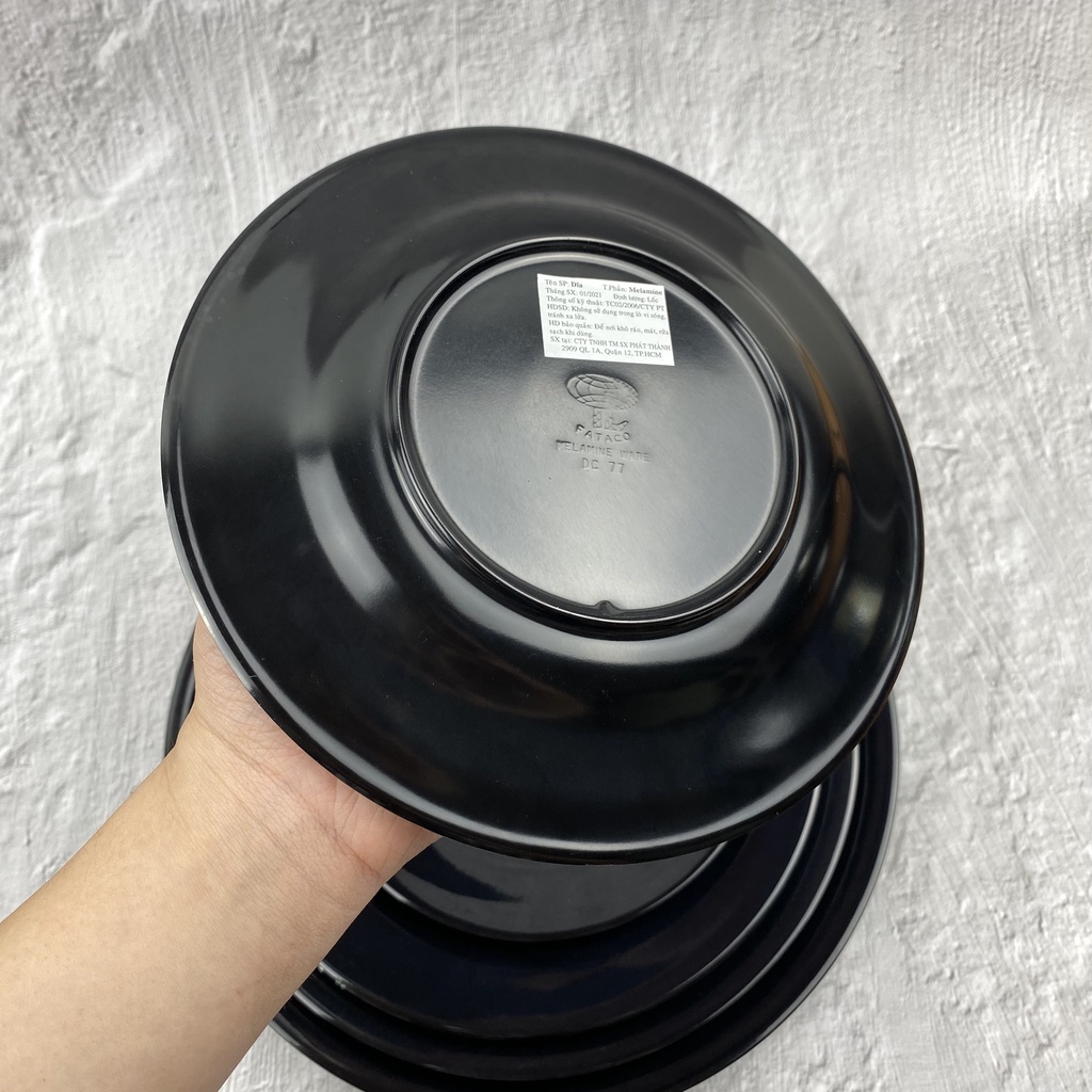 Dĩa nhựa Melamine tròn đen cạn trơn dành cho gia đình, nhà hàng, quán ăn