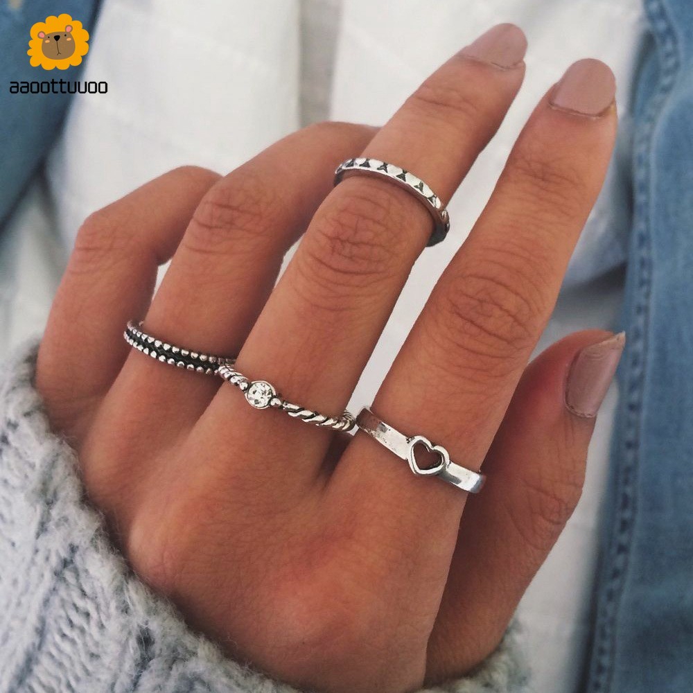 Set 4 Nhẫn Trái Tim Phong CáchCổ Điển Hàn Quốc Cho Nữ