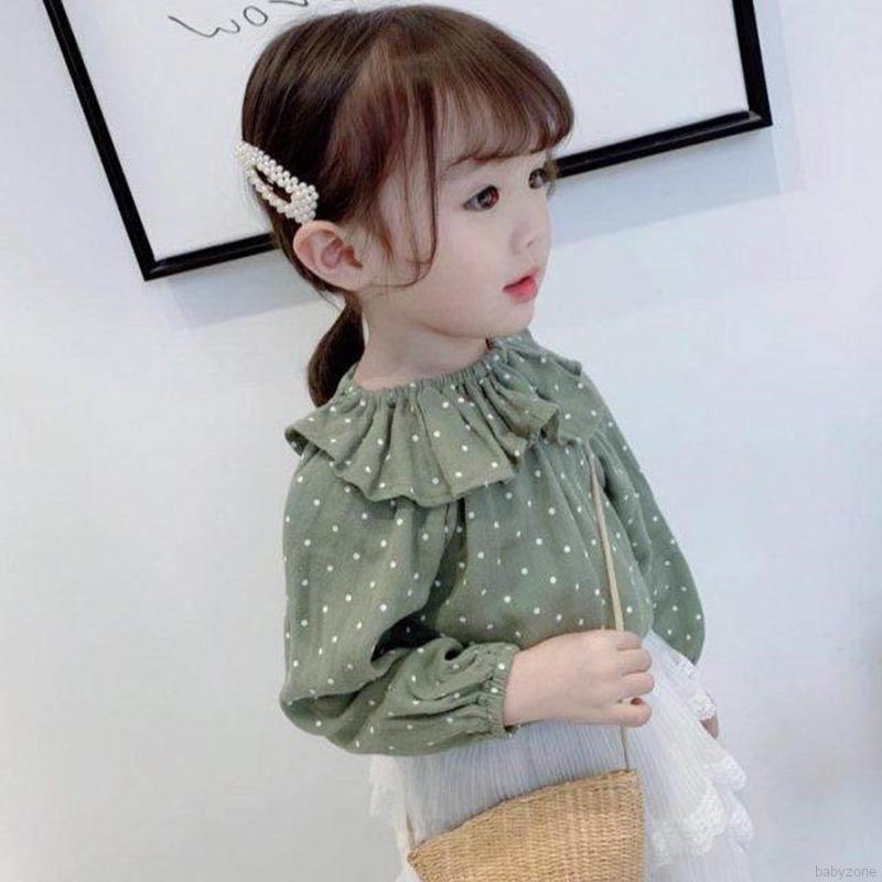 Áo Sơ Mi Tay Dài Cổ Búp Bê Họa Tiết Chấm Bi Xinh Xắn Cho Bé Gái