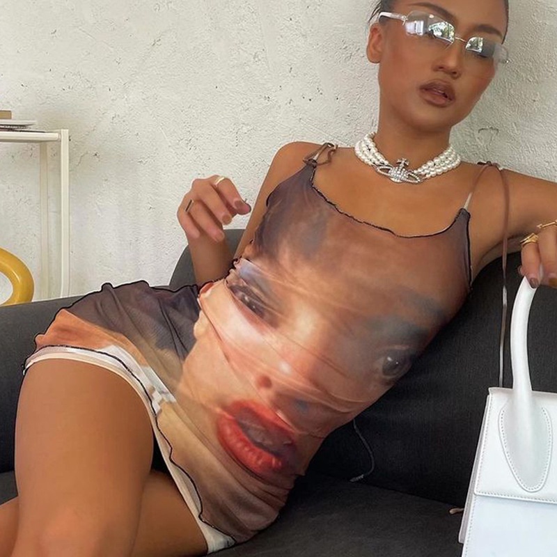 DUNEA Đầm Hai Dây Hở Lưng In Họa Tiết Thời Trang Cho Nữ