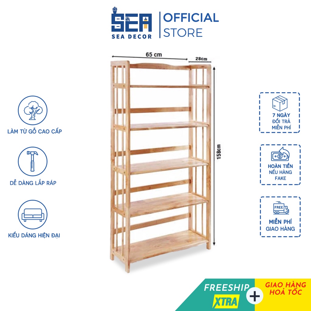 Kệ đựng sách gỗ SEADECOR 5 tầng 65cm gỗ cao su tự nhiên siêu bền chống mối mọt thiết kế thông minh đa năng