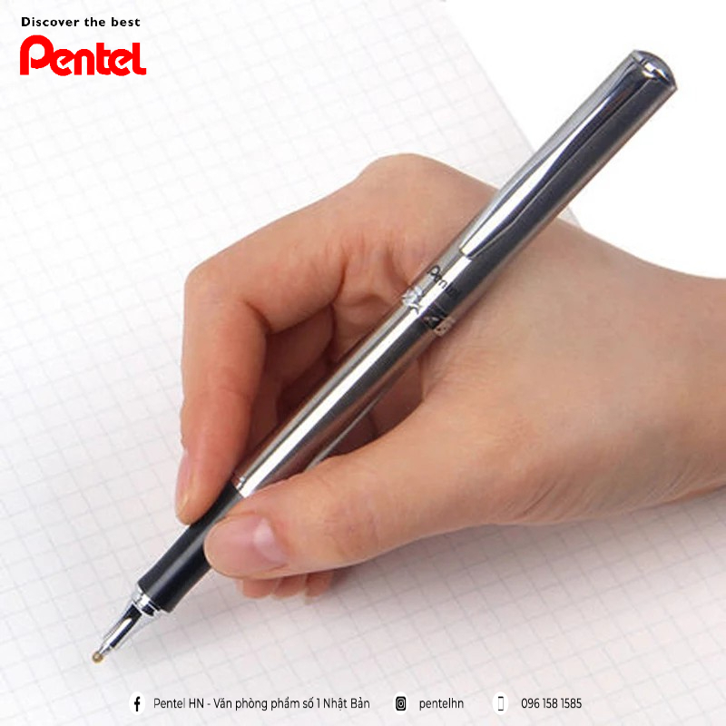 Bút Ký Pentel Cao Cấp K600 Ngòi 0.7mm Mực Xanh | Vò Màu Bạc|Có Ngòi Thay Thế | Mực Mau Khô