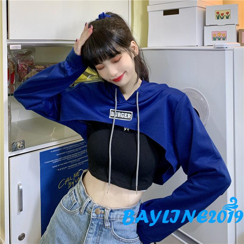 Hoodie croptop tay dài thêu chữ trẻ trung cho nữ