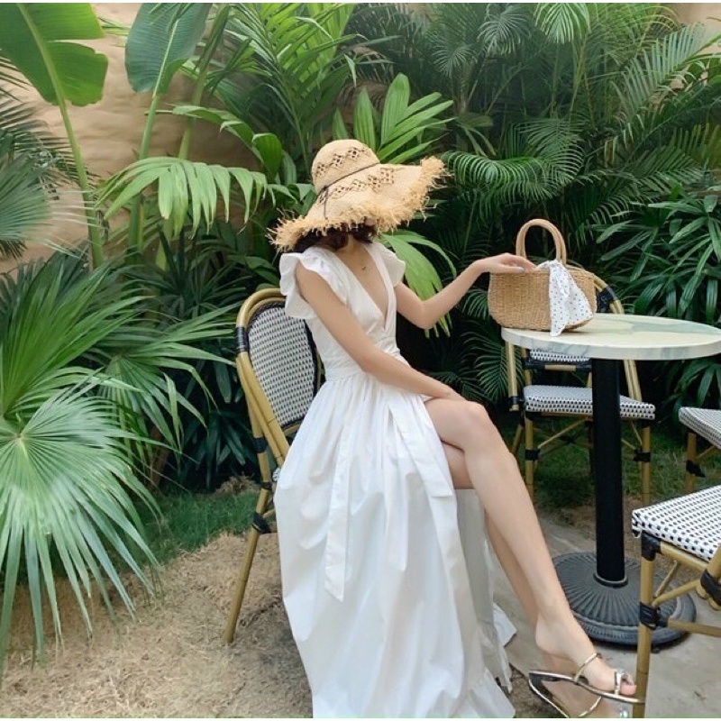 Maxi lụa trắng cánh tiên hở ngực xẻ tà - đầm váy dài thời trang đi chơi du lịch đi biển kèm hình thật