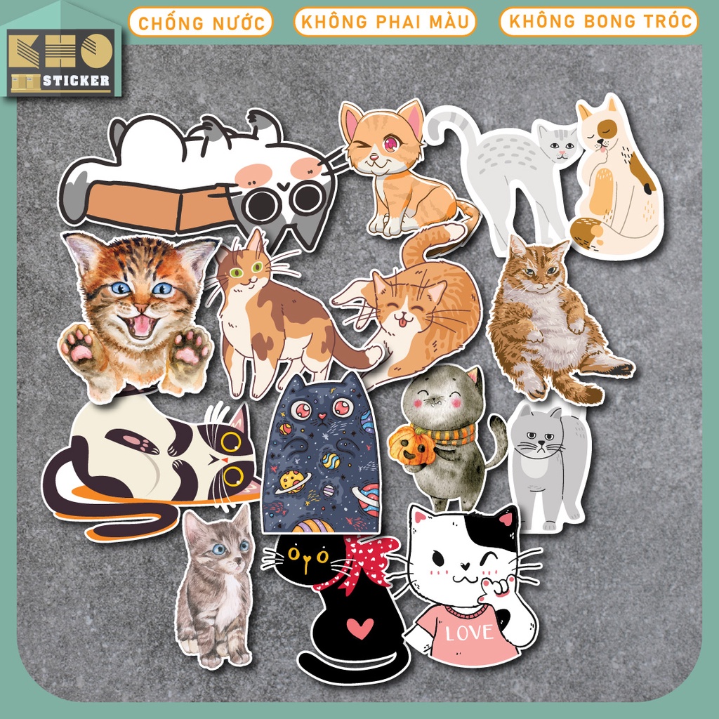 Combo 50 Sticker So Cute Cat chống nước sticker dán laptop, điện thoại, đàn guitar, mũ bảo hiểm, vali. MSP: ST34