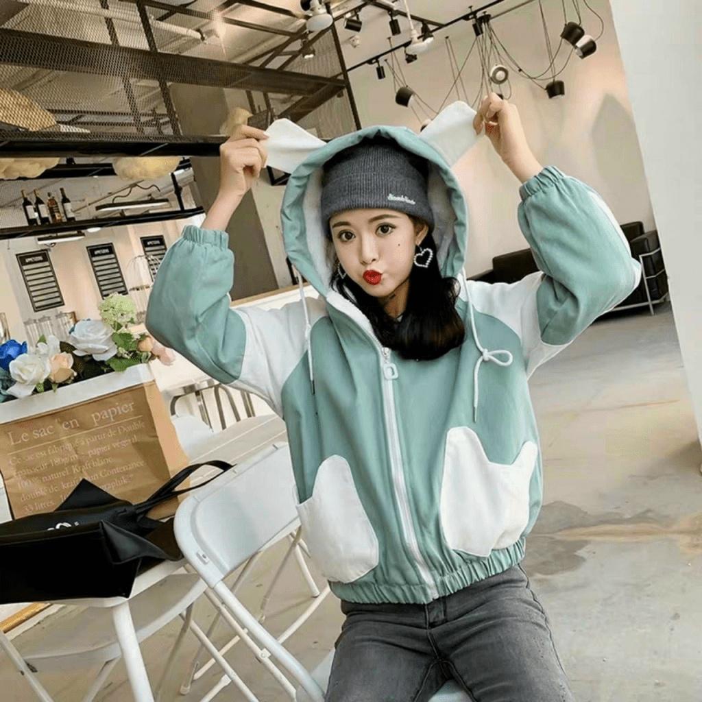 Áo Khoác Dù Nữ Nón Lớn Phối 2 Tai Thỏ, Túi Sỏ Sành Điệu Độc Đáo TP028 [NewUnisex]