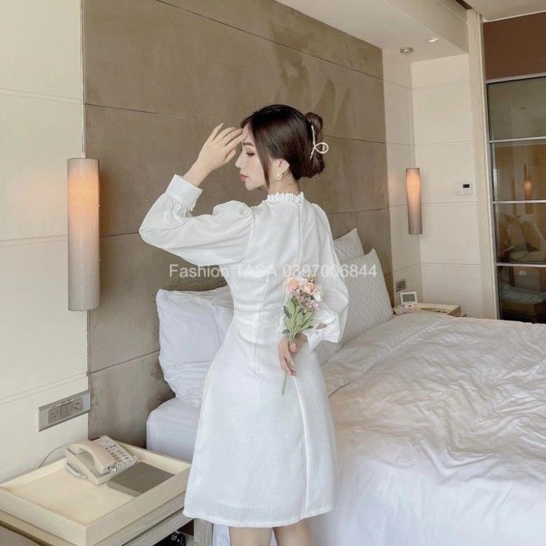 X2 váy cưới cô dâu Đầm trắng dự tiệc cổ tròn kiểu bèo tua xinh xắn tay dài phồng