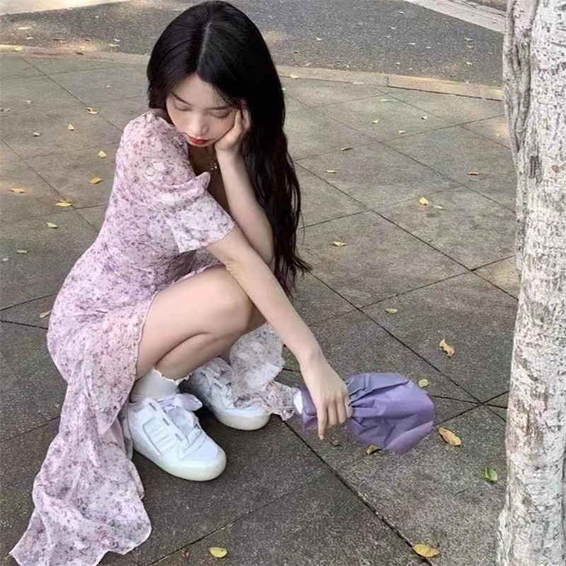 Đầm PERTY dáng dài tay ngắn phồng cổ vuông thiết kế xẻ tà họa tiết hoa thời trang mùa hè thanh lịch mới cho nữ