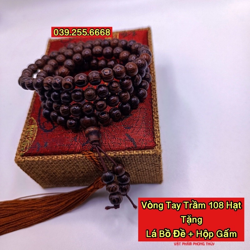 Combo Vòng đeo tay Trầm Hương - Chuỗi tràng 108 Hạt Gỗ Tặng Kèm Lá Bồ Đề Dát Vàng và Hộp Gấm Cao Cấp