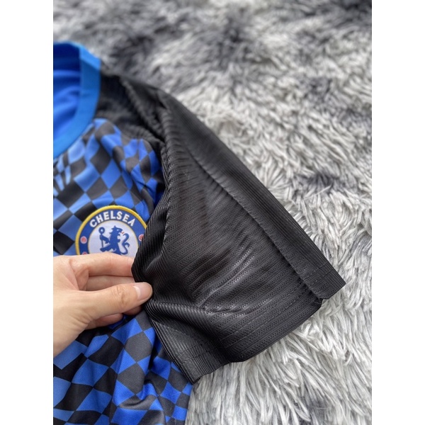 Set bộ quần áo thể thao bóng đá vải thái mịn áo xanh 3d quần đen clb chelsea mới nhất 2022