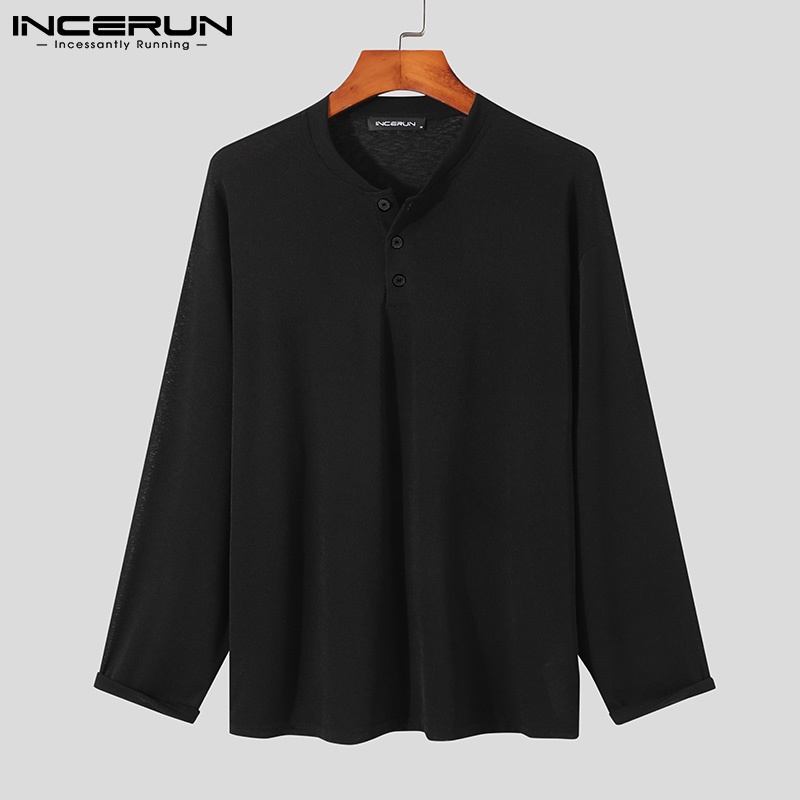 Áo thun INCERUN dài tay cổ chữ V màu trơn thời trang cho nam