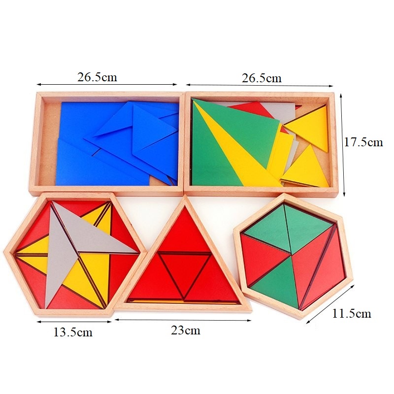 Bộ 5 hộp ghép hình tam giác, giáo cụ montessori