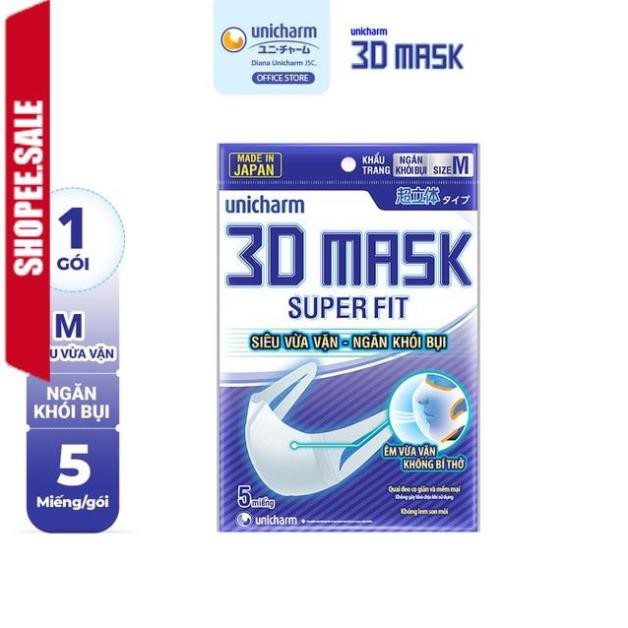 Khẩu trang ngăn khói bụi Unicharm 3D Mask Super Fit size M gói 5 cái