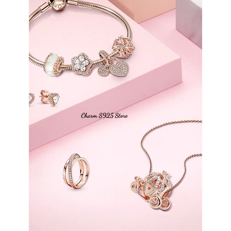 Combo vòng tay mix + 4 hạt charm pan vàng hồng đính đá cao cấp bạc s925