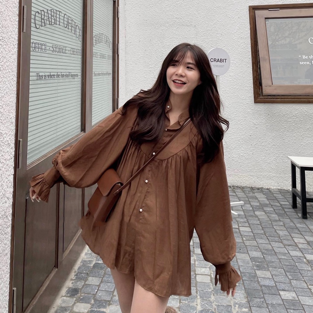 Áo sơ mi kiểu nữ Ulzzang, Áo sơ mi tay bèo phối khuy dáng rộng tiểu thư xinh xắn | BigBuy360 - bigbuy360.vn