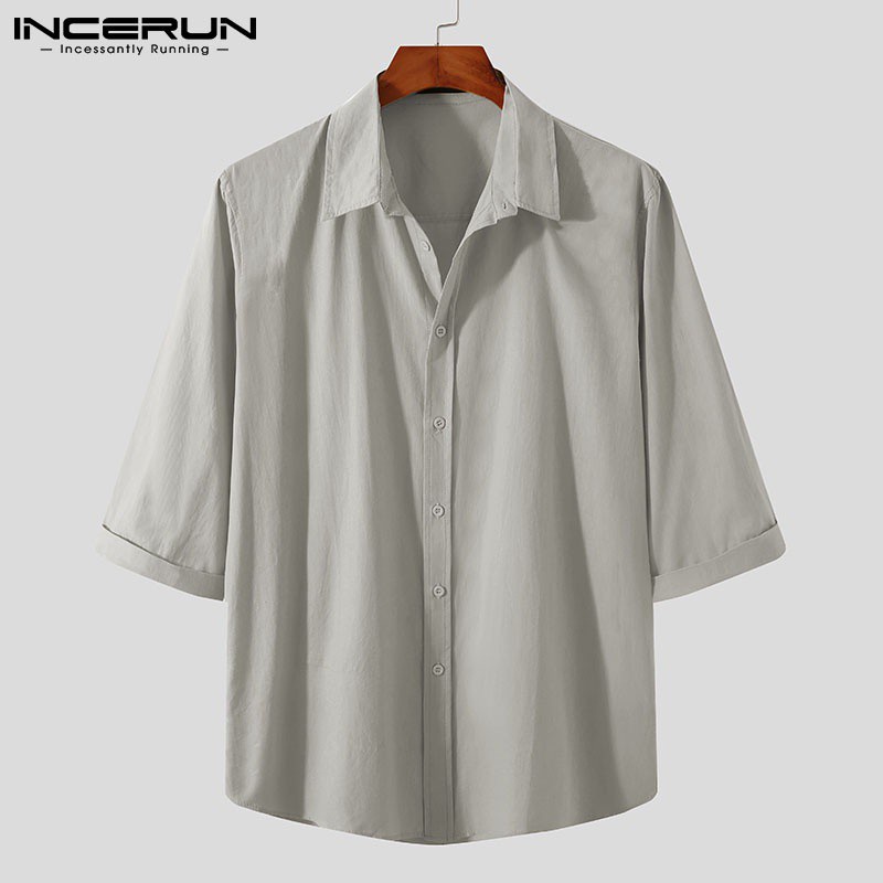 Áo sơ mi INCERUN dáng rộng tay lửng vải cotton màu trơn có khuy gài đơn giản 4 màu tùy chọn cho nam
