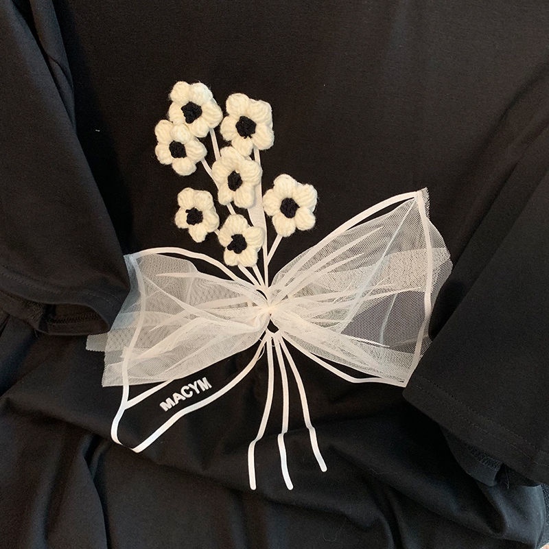 Áo Thun Đen Tay Ngắn Họa Tiết Hoa Ba Chiều Thời Trang Cho Nữ